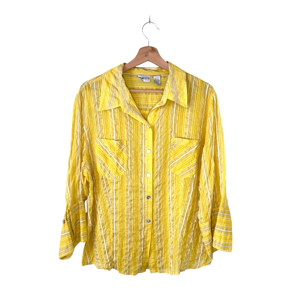 Chico's Silk-Linen Blend Button-Up Striped Blouse in Sunny Yellow Size XL/16 (3)